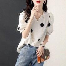 퍼프블라우스 트랜드 도트 V칼라셔츠 여름 캐주얼 코디가잘되는 날씬해보이는 작은 바다 여성타입 작은셔츠 T티셔츠여성 유럽산