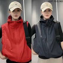JUSTFEELING 여성 얇은 후드 조끼 루즈핏 민소매 집업 자켓 경량점퍼 바람막이