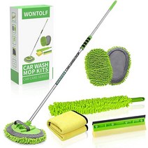 Wontolf 157.4cm62인치 긴 손잡이가 있는 세차 브러시 셔닐 극세사 대걸레 클리닝 키트 앞유리 창문 스퀴지 자동차 먼지떨이 타월 RV 트럭 보트용 9개 USA 미국, GREEN
