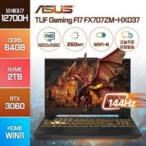 ASUS TUF Gaming F17 FX707ZM-HX037 최신 인텔 12세대 i7 RTX3060 17인치 고사양 고성능 배그 노트북, 메카 그레이, FX707ZM, 코어i7, 2TB, 64GB, WIN11 Home
