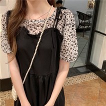 잇츠스타일 여성 라운드넥 프릴 뷔스티에 반팔 플라워 꽃무늬 롱원피스