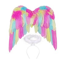 엔젤 Wings and Halo for Kids Girls 엔젤 Costume Wing for Adult Children Feather White 엔젤 Wing for Women, Rainbow_Small 17.7 x 13.8