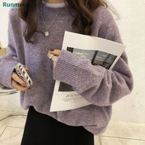 런메시 Runmecy 데일리 기본 부드러운 여성 라운드 니트 티 긴팔 니트