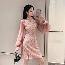 【DF】리얼 샷 쉬폰 스티치 레이스 긴팔 Cheongsam 봄 새로운 허리 슬리밍 드레스