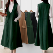 딥브이넥 A라인 민소매 울혼방 레이어드 모직 롱원피스 DK