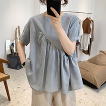 스타일아유 여자 여름 린넨 빈티지 사선 셔링 프릴 블라우스