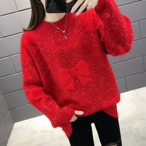 유블리 여성 루즈핏 리본 패턴 반짝이 니트