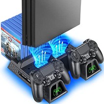 PS4 스탠드 PS4 PRO 세로 두어 스탠드 OIVO PS4 Pro 냉각 2대 PS4 컨트롤러 충전 PS4 냉각 팬 PS4PS4 ProSlim슬림 고호환성 LED 지시 램프 첨부 게임 카드 수납 공간 절약, 1개