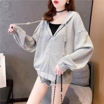 면 봄가을 얇은 긴팔 맨투맨 여 한국판 루즈핏 슬림해 보이는 디자인 후드 카디건 아우터 상의