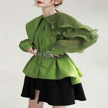 여성셔츠블라우스 EAM 여성 녹색 주름 벨트 빅 사이즈 블라우스 신제품 라펠 긴팔 루즈핏 셔츠 패션 타이드 봄 가을 1DE3661