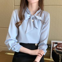 새틴블라우스 드레이프 블라우스 봄 가을 오피스룩 솔리드 비딩 여성 리본 새틴 긴팔 셔츠 빅사이즈 풀오버 레이디 상의 10496