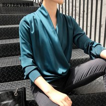 BGTEEVER 빈티지 느슨한 숙녀 새틴 블라우스 봄 가을 풀 슬리브 솔리드 여성 셔츠 우아한 사무복 탑스