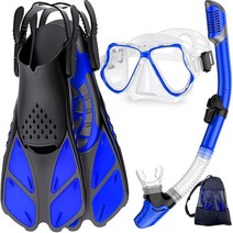 Zenoplige Mask Fins 스노클 세트 성인용 스노클링 장비 파노라마 뷰 마스크 김 서림 방지 조절 가능한 다이빙 플리퍼 드라이 탑 및 여행 가방 수영 다이빙용 스쿠버 U, Blue Transparent, S/M, S/M