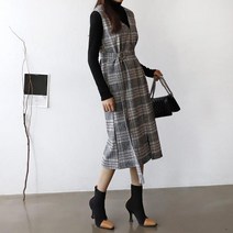 고리끈체크원피스 1016997DRESS 니트원피스 브이넥 베이지 Beige 블랙 Black 그린 Green 자주