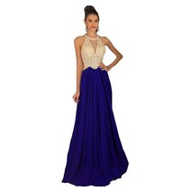 [정품] Lemai 비즈 진주 홀터 민소매 롱 시폰 프롬 드레스 이브닝 가운