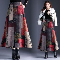 롱 플레어 스커트 슬릿 실크 플라워 핀턱 여성 A라인 양모 하이 웨스트 체크 무늬 치마