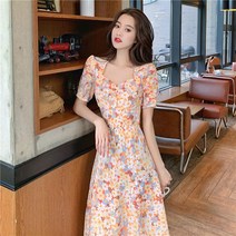 플라워 쉬폰 원피스 프렌치 양어깨 싱겁다 엘로 롱 슬림핏 키커 보이는 헵번풍 달짝지근함 가염 여성 여름 1711683637