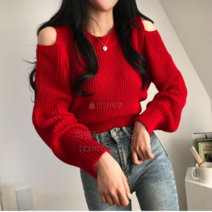 나인테일 여성 겨울봄 무지 오프숄더 숄더트임 골지 숏 크롭 니트티 스웨터5컬러 블랙 레드그린 베이지 인디핑크