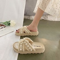 나루니 여성샌들 미들굽 샌들 예쁜 테슬 비즈 진주알 진주샌들 패브릭 4cm 4cm굽