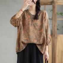 여름 인견블라우스 엄마옷 빅사이즈 루즈핏 라운드넥 복고풍 프린팅 전원 에스닉 7부소매