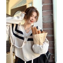 DFMEI 디자인 감각 언밸런스 배색 브이넥 니트 코디 시크 스트라이프 니트 여