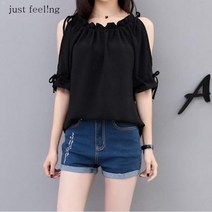 just feel!ng 여성 블라우스 빅사이즈 반팔티 오프숄더 여름 오프숄더 반팔 티셔츠 프릴티