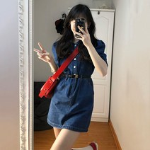 POMTOR 퍼프소매 데님 원피스 여중 롱 여름 슬림해 보이는 허리느낌 데님 스커트