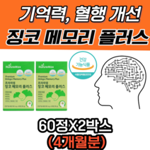 기억력 개선 에 좋은 초 고함량 징코 메모리 플러스 비타민 아연 판토텐산 혈행 은행잎 혈관 확장 도움 나이아신 면역 아미노산 식약처 식약청 인증 인정 알약 부모님 노인 선물 추천, 120정-2박스, 500mg