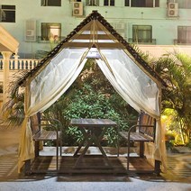 조립식 파고라 목조 소형 타이니홈 바비큐 정자 돔, 4인 통나무집  테이블  태양광 램프  커튼