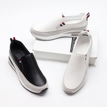 여성 천연 소가죽 발 편한 통굽 키높이 에어 쿠션 슬립온 운동화 단화 블랙 화이트 4cm