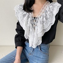 유니크한 프릴 빅 카라넥 진주 코튼 레이스 블라우스