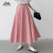 POMTOR 여성 A라인 하이웨스트 허리밴딩 체크 무늬 롱 스커트