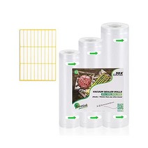 Foovick 진공포장 백 - 라벨 시트 30개가 포함된 진공 3개 팩 식품 절약을 위한 완벽한 수비드 크기 8인치 x 12피트 10인치 11인치 12피트