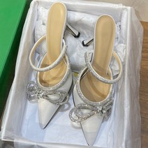 족장 구름사다리 하이힐 구두 샌들 여성용 뾰족한 발가락 보우 라인스톤 스틸레토 슬리퍼 여름 아우터웨, 02 White(8.5cm)_01 34
