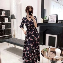 AMlisa 프린팅 롱원피스 트랜드 우아한 슬림핏 여름쉬폰원피스 빅사이즈원피스 여름쉬폰원피스