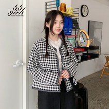 트위드 자켓 여성 의류 2021 겨울 신작 66girls 트위드 체크 무늬 라운드 넥 퀼트 루즈 자켓 코트 싱글