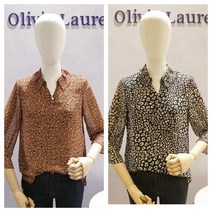 올리비아로렌 나염 프린트 (레오파드) 트임 주름카라 봄가을 쉬폰 블라우스 vocnlvf7231