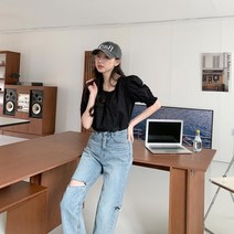 [다잇템] 여자 반소매 어깨퍼프 U넥 블라우스