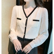 KORELAN 실가 실가 소향풍 한국어 버전 V넥 터치 컬러 초선 레이스 상의 긴팔 얇은 블라우스