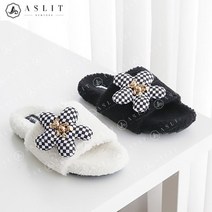 [애슬릿]체크 꽃 양털 블로퍼 퍼 뮬 겨울 슬리퍼