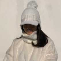 로로얼로이 겨울 여성 퍼 니트 귀마개 따뜻하고 포근한 양기모 방한 눈꽃 골프모자 넥워머세트, 화이트(모자+넥워머세트)