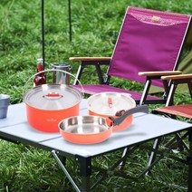 퀸센스 레인보우 코펠세트 냄비 후라이팬 3종 멀티핸들 수납가방 스텐 통3중 휴대용 캠핑용품 백패킹, Q레인보우코펠 오렌지