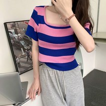 (희수마케팅) 여성 최신의류 여대생 20대 단가라 컬러풀 크롭 반팔 니트티 캐쥬얼