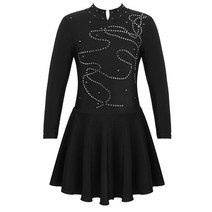 발레 체조 레오타드 드레스 키즈 여자 Glitters 라인 석 긴 소매 모의 목 그림 아이스 스케이트 롤러, A-Black, 6