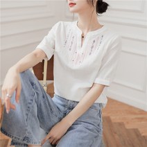 여름 패션 캐주얼 자수 에스닉 반팔 순면 코디쁘띠 브이넥 셔츠 블라우스
