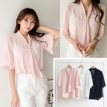 러브포텐 여성 브이넥 7부소매 블라우스 쉬폰 여름 블라우스 진주 타이 포인트 브이넥 여름 블라우스 국내생산 프릴셔링 여름 오피스룩 반팔 블라우스