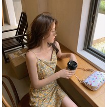 꽃 도라지 여성 새로운 여름 햅번 브이넥 프랑스 스타일 복고풍 작은 슬링 드레스
