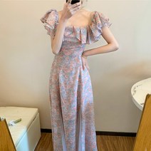 BAISLUN 봄여름신상 쉬폰 요프숄더 프릴 러플 빅카라 롱 끈나시 원피스