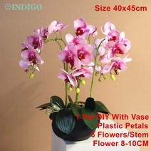 화병 도자기 유리 돌 흰색 나방 난초 DIY 꽃꽂이 (5PCS 4PCS 이끼 잎 + 냄비) 나비 꽃 장식 중심 인디고, 17 1 SET DIY