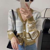 마쿠쿠 언발 단가라 스트라이프 하찌 크롭 울 긴팔 여성 니트 가디건 카디건